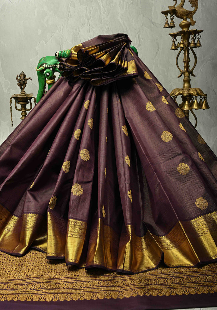 Eggplant Purple Dual Tone Vairaoosi Zari Stripes on Kanjivaram Pure Silk Handloom Saree with Zari Buttas and Zari Border | SILK MARK CERTIFIED