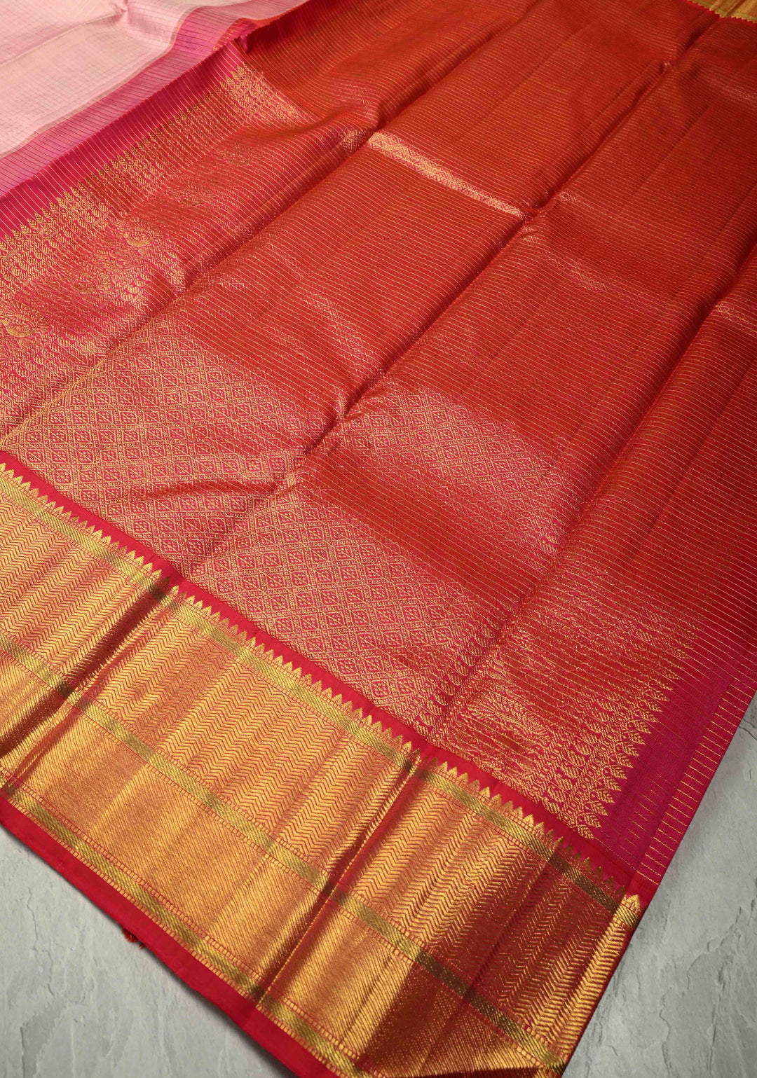 Korvai Baby Pink Kanjivaram Pure Silk Saree with Podi-Kattam Zari Checks and Contrast Zari Border | SILK MARK CERTIFIED