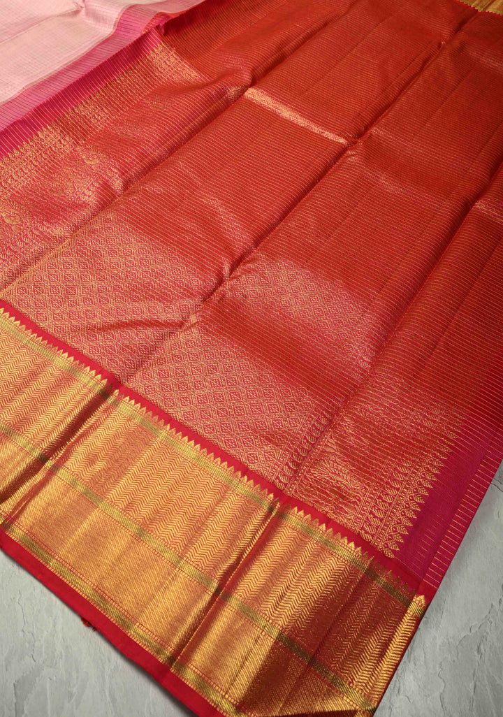 Korvai Baby Pink Kanjivaram Pure Silk Saree with Podi-Kattam Zari Checks and Contrast Zari Border | SILK MARK CERTIFIED