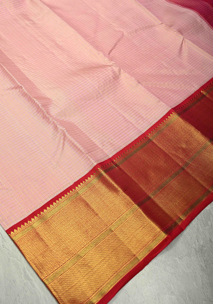 Korvai Baby Pink Kanjivaram Pure Silk Saree with Podi-Kattam Zari Checks and Contrast Zari Border | SILK MARK CERTIFIED