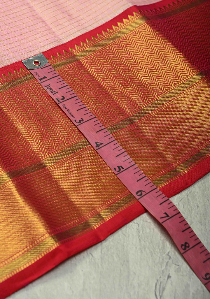 Korvai Baby Pink Kanjivaram Pure Silk Saree with Podi-Kattam Zari Checks and Contrast Zari Border | SILK MARK CERTIFIED