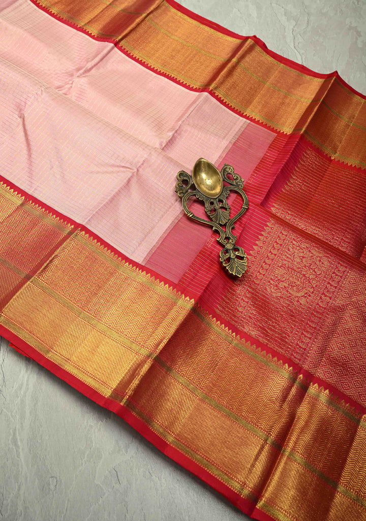 Korvai Baby Pink Kanjivaram Pure Silk Saree with Podi-Kattam Zari Checks and Contrast Zari Border | SILK MARK CERTIFIED
