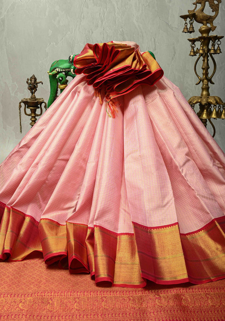 Korvai Baby Pink Kanjivaram Pure Silk Saree with Podi-Kattam Zari Checks and Contrast Zari Border | SILK MARK CERTIFIED