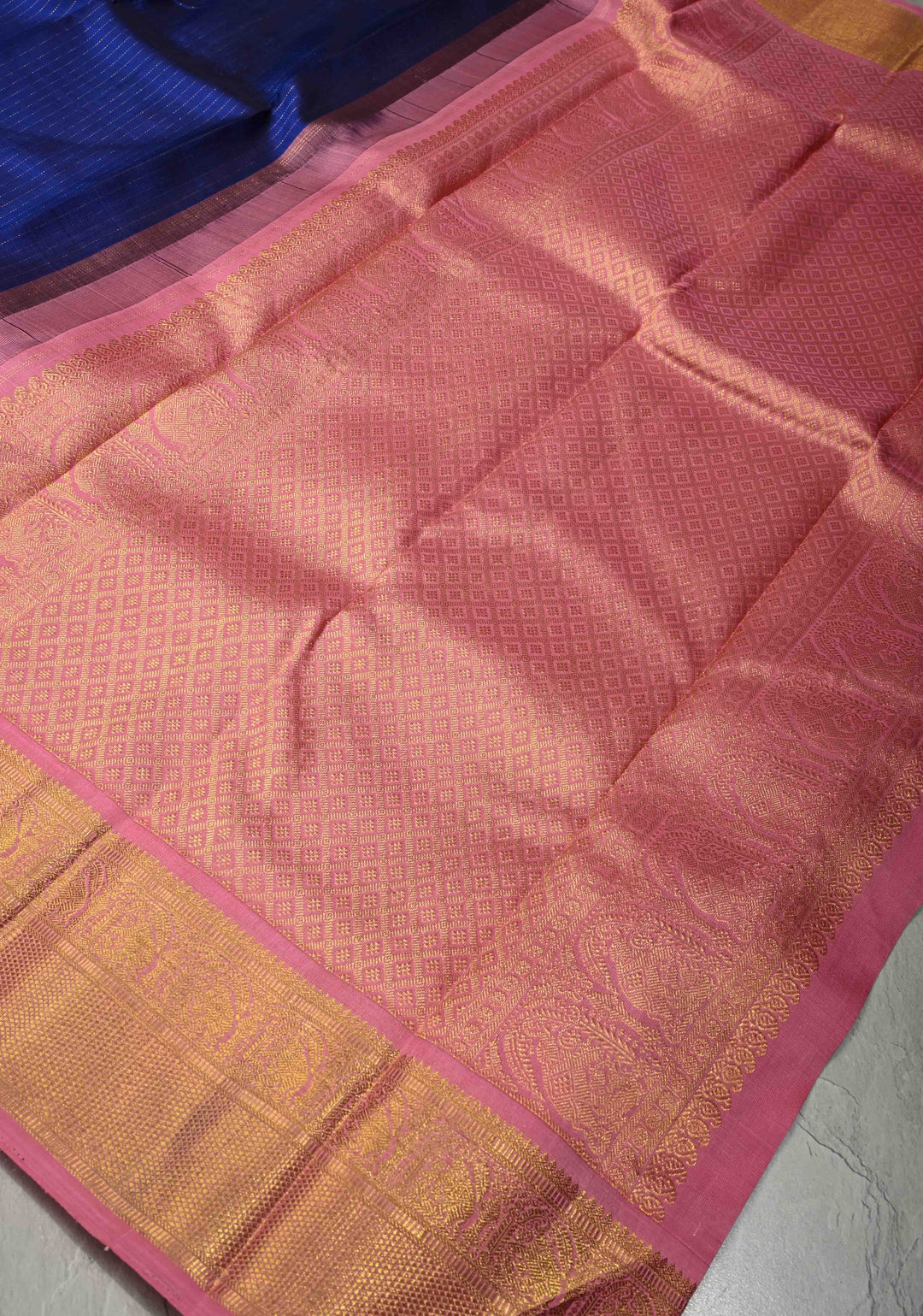 Korvai Ink Blue Kanjivaram Pure Silk Saree with Vairaoosi Zari Stripes and Contrast Zari Border | SILK MARK CERTIFIED | SHOBITAM