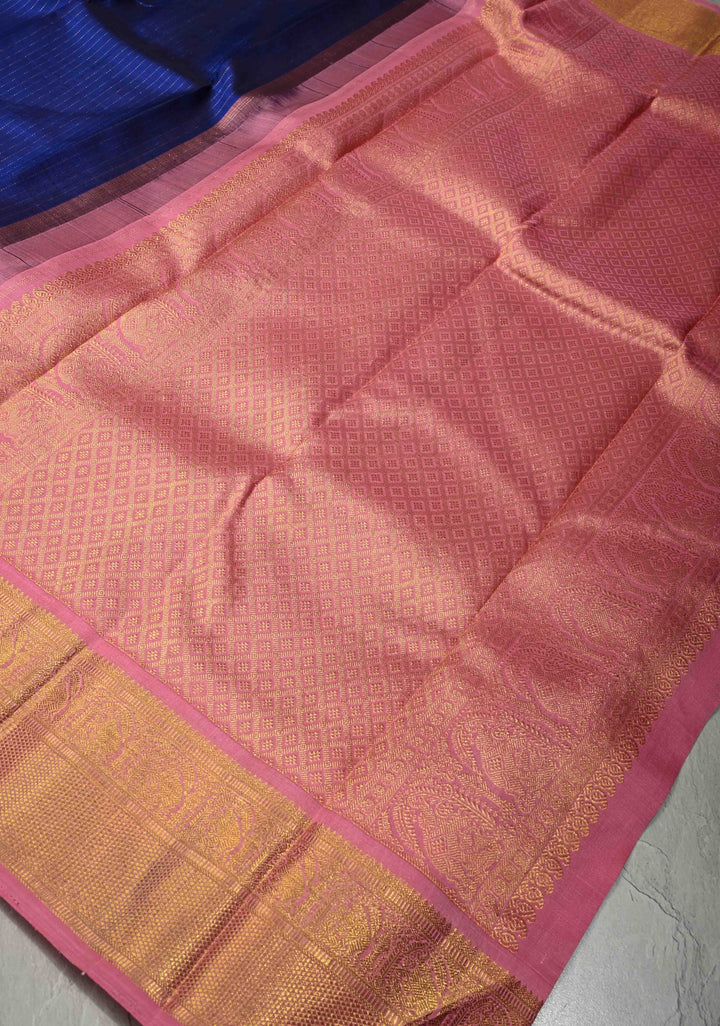 Korvai Ink Blue Kanjivaram Pure Silk Saree with Vairaoosi Zari Stripes and Contrast Zari Border | SILK MARK CERTIFIED | SHOBITAM