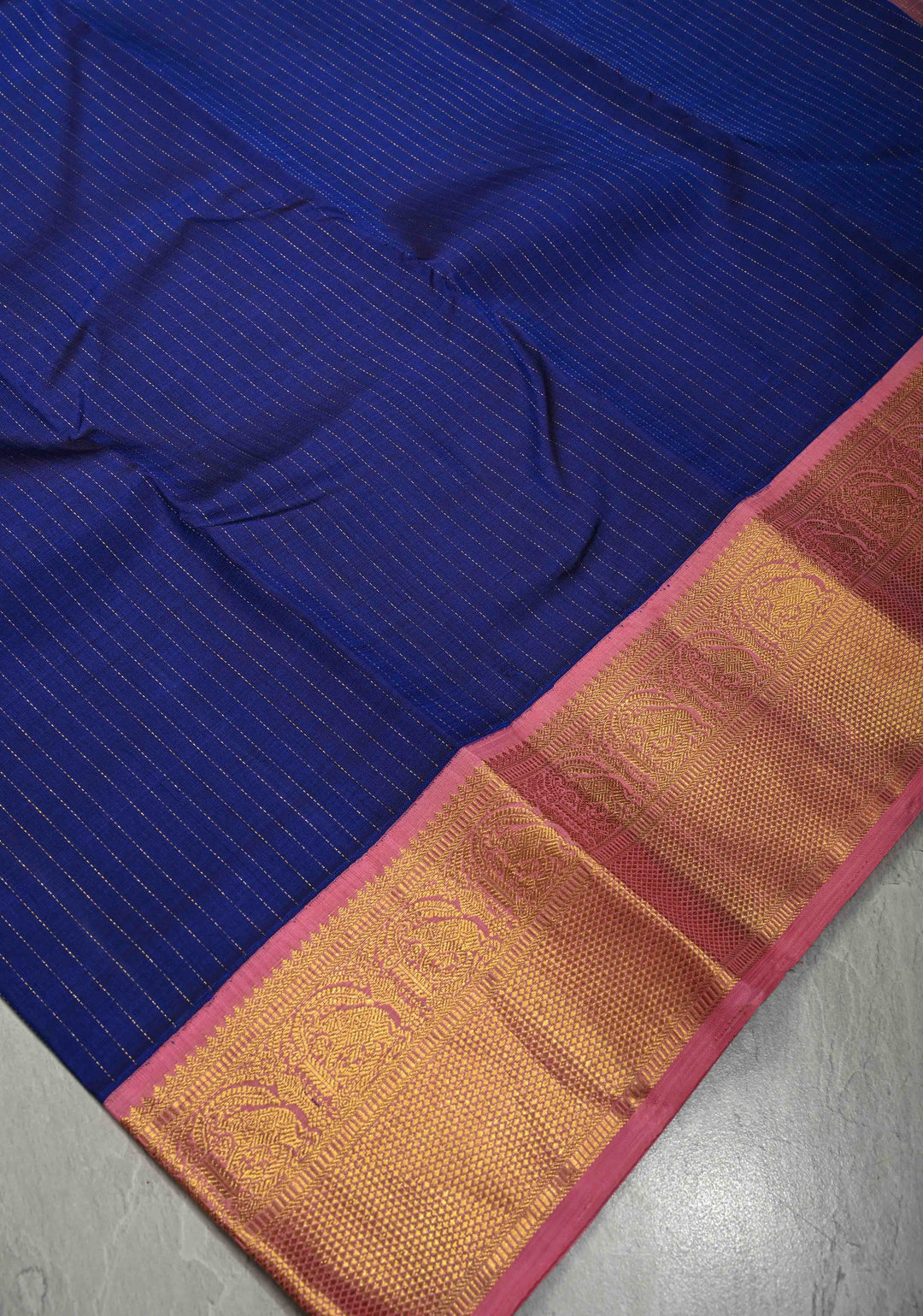Korvai Ink Blue Kanjivaram Pure Silk Saree with Vairaoosi Zari Stripes and Contrast Zari Border | SILK MARK CERTIFIED | SHOBITAM