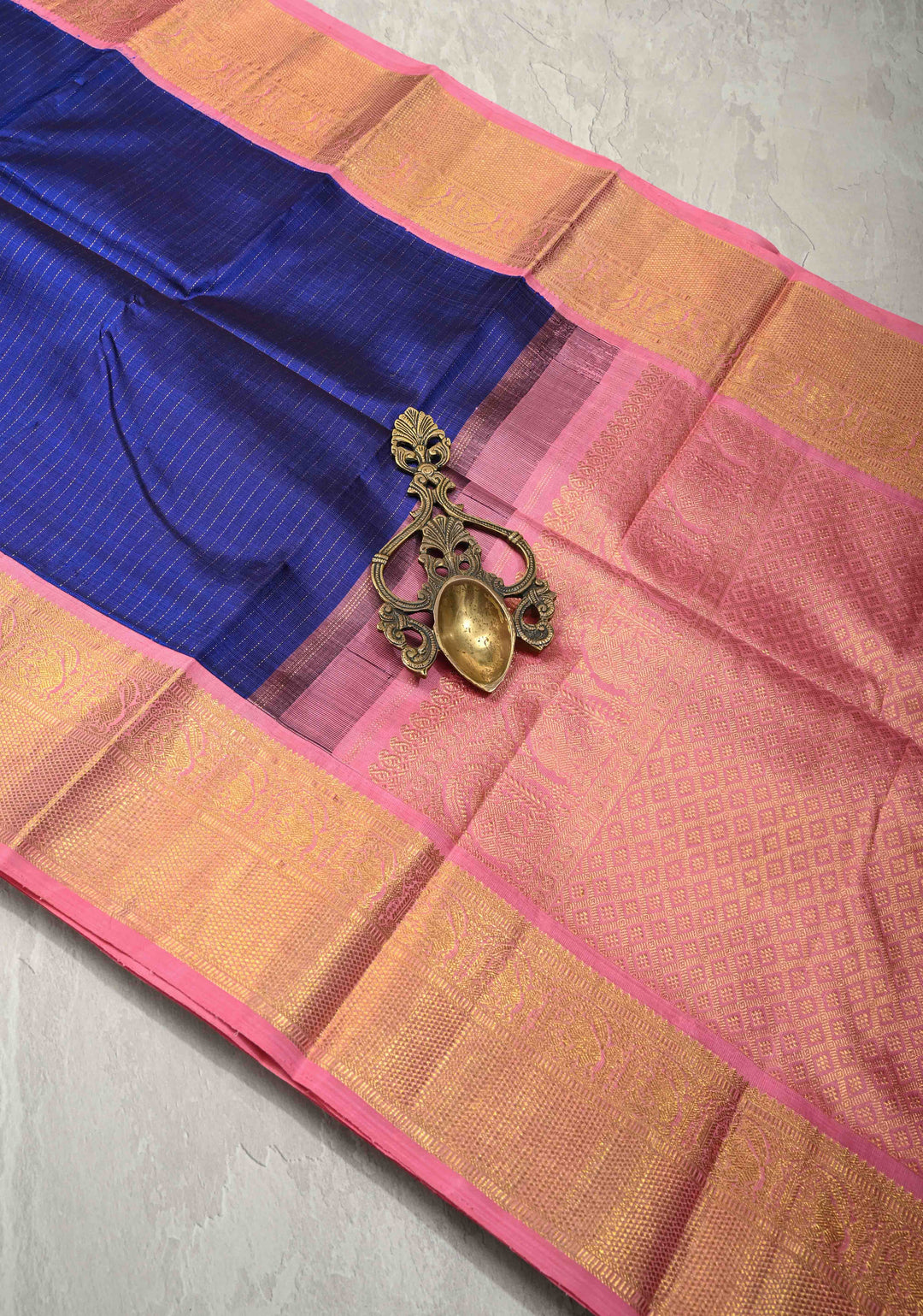 Korvai Ink Blue Kanjivaram Pure Silk Saree with Vairaoosi Zari Stripes and Contrast Zari Border | SILK MARK CERTIFIED | SHOBITAM