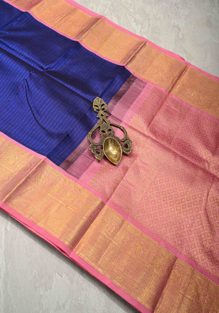 Korvai Ink Blue Kanjivaram Pure Silk Saree with Vairaoosi Zari Stripes and Contrast Zari Border | SILK MARK CERTIFIED | SHOBITAM