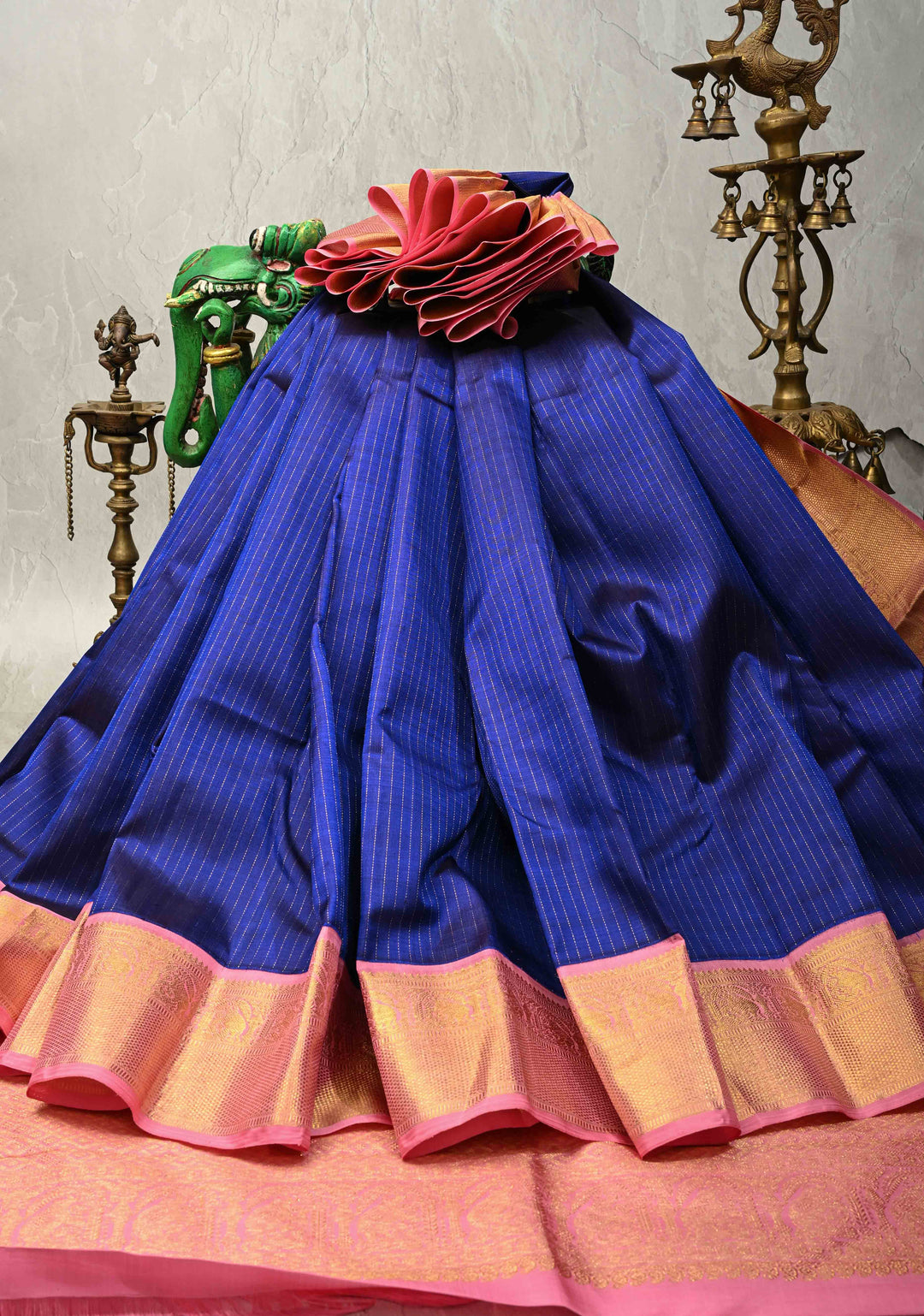 Korvai Ink Blue Kanjivaram Pure Silk Saree with Vairaoosi Zari Stripes and Contrast Zari Border | SILK MARK CERTIFIED | SHOBITAM
