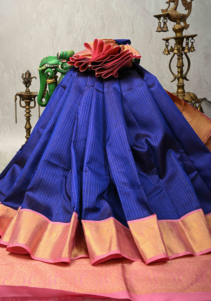 Korvai Ink Blue Kanjivaram Pure Silk Saree with Vairaoosi Zari Stripes and Contrast Zari Border | SILK MARK CERTIFIED | SHOBITAM