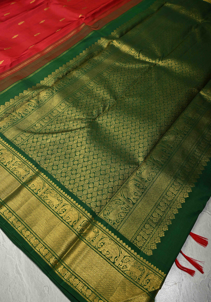 Blood Red Korvai Kanjivaram Pure Silk Saree with Zari Buttas and Contrast Zari Border | SILK MARK CERTIFIED