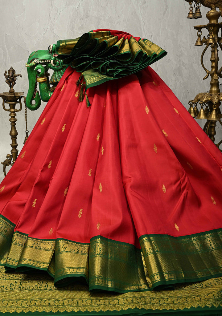 Blood Red Korvai Kanjivaram Pure Silk Saree with Zari Buttas and Contrast Zari Border | SILK MARK CERTIFIED