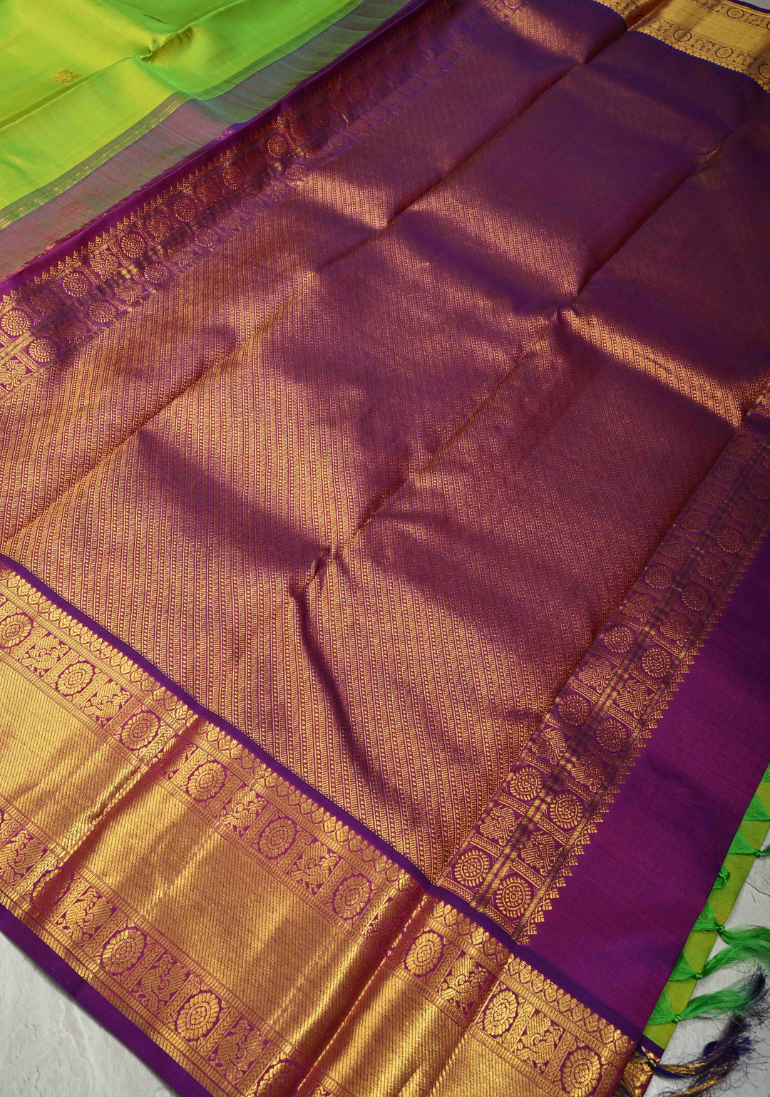 Parrot Green Dual Tone Korvai Kanjivaram Pure Silk Saree with Zari Buttas and Contrast Wide Zari Border | SILK MARK CERTIFIED