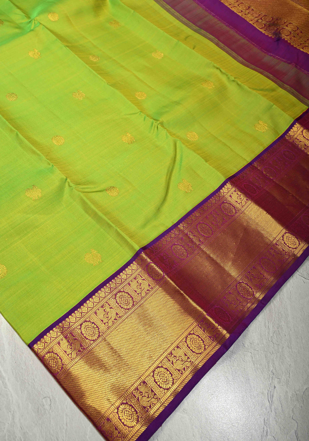 Parrot Green Dual Tone Korvai Kanjivaram Pure Silk Saree with Zari Buttas and Contrast Wide Zari Border | SILK MARK CERTIFIED