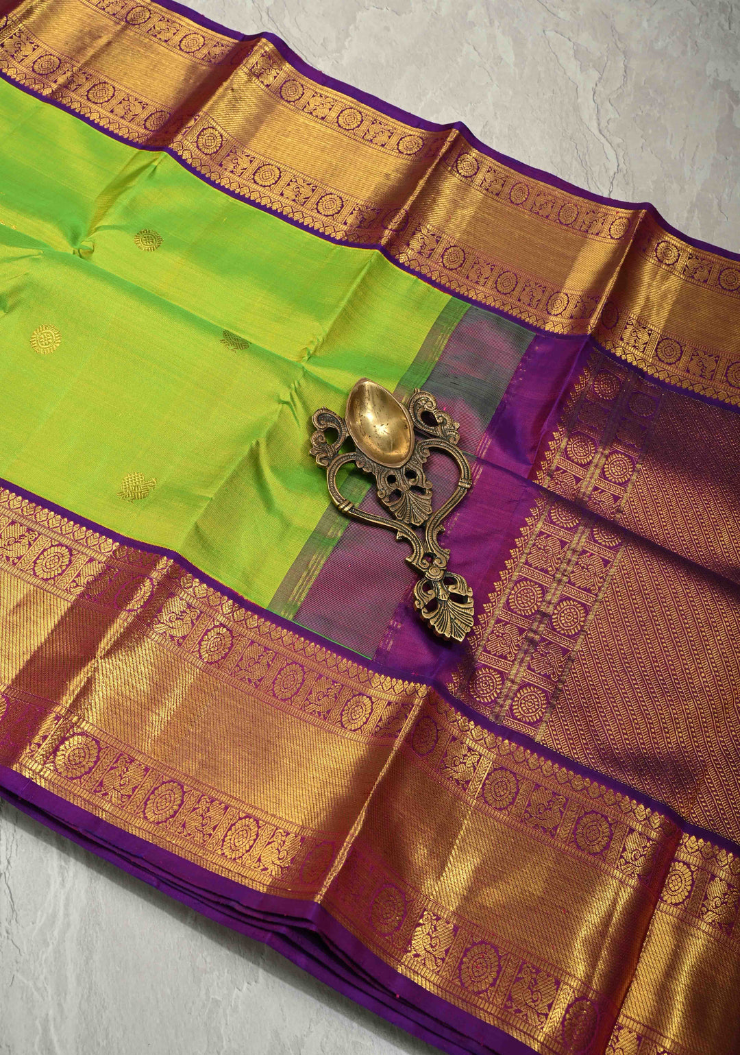 Parrot Green Dual Tone Korvai Kanjivaram Pure Silk Saree with Zari Buttas and Contrast Wide Zari Border | SILK MARK CERTIFIED