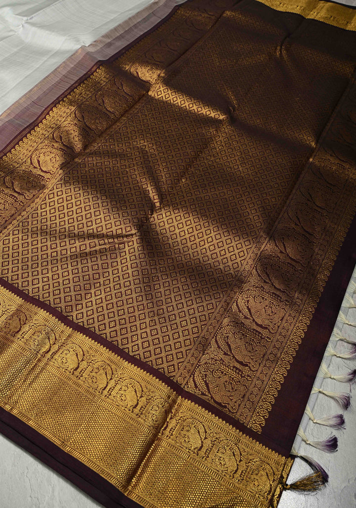 Ash Gray  Korvai Kanjivaram Pure Silk Saree with Zari Stripes and Contrast Zari Border | SILK MARK CERTIFIED