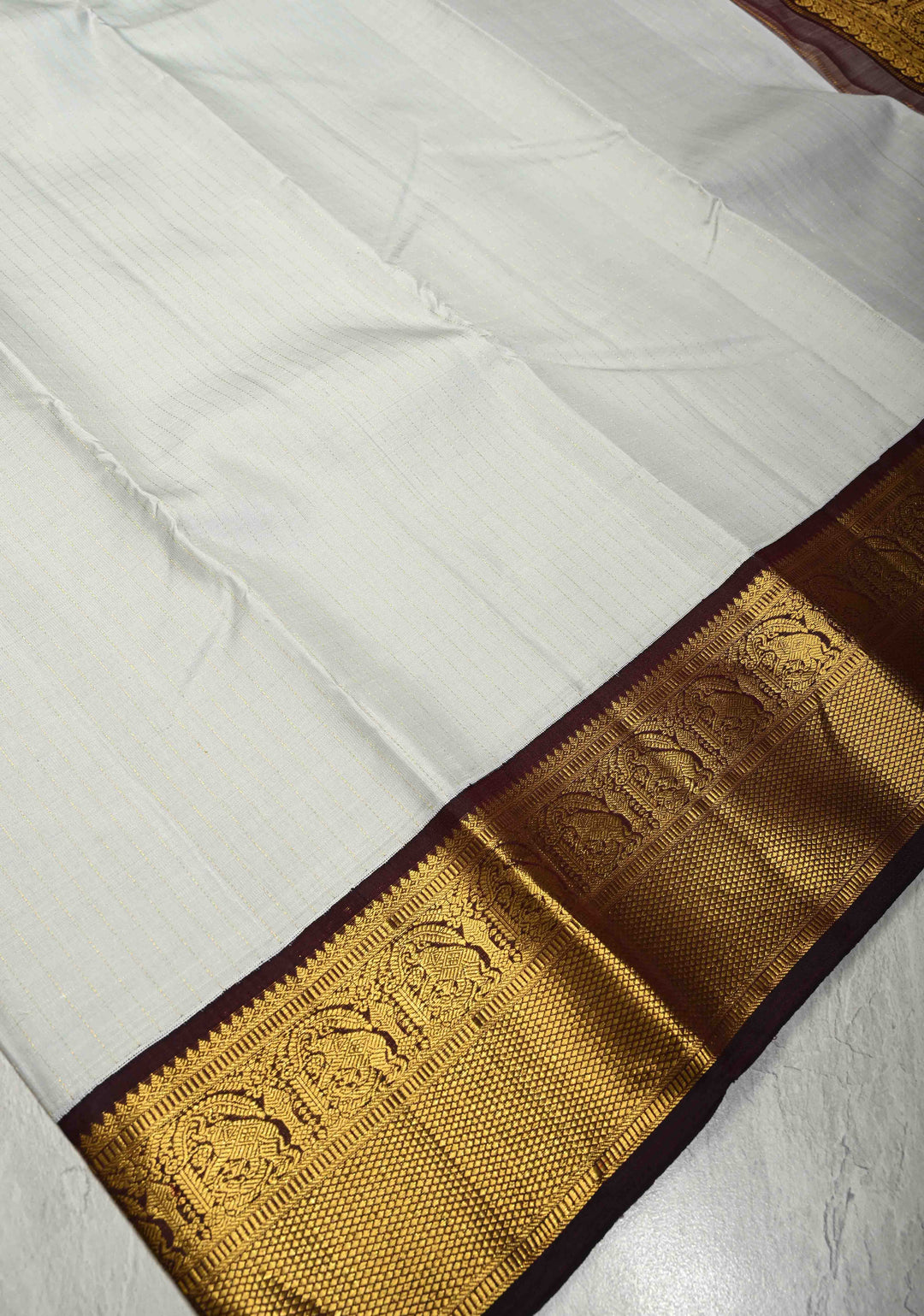 Ash Gray  Korvai Kanjivaram Pure Silk Saree with Zari Stripes and Contrast Zari Border | SILK MARK CERTIFIED