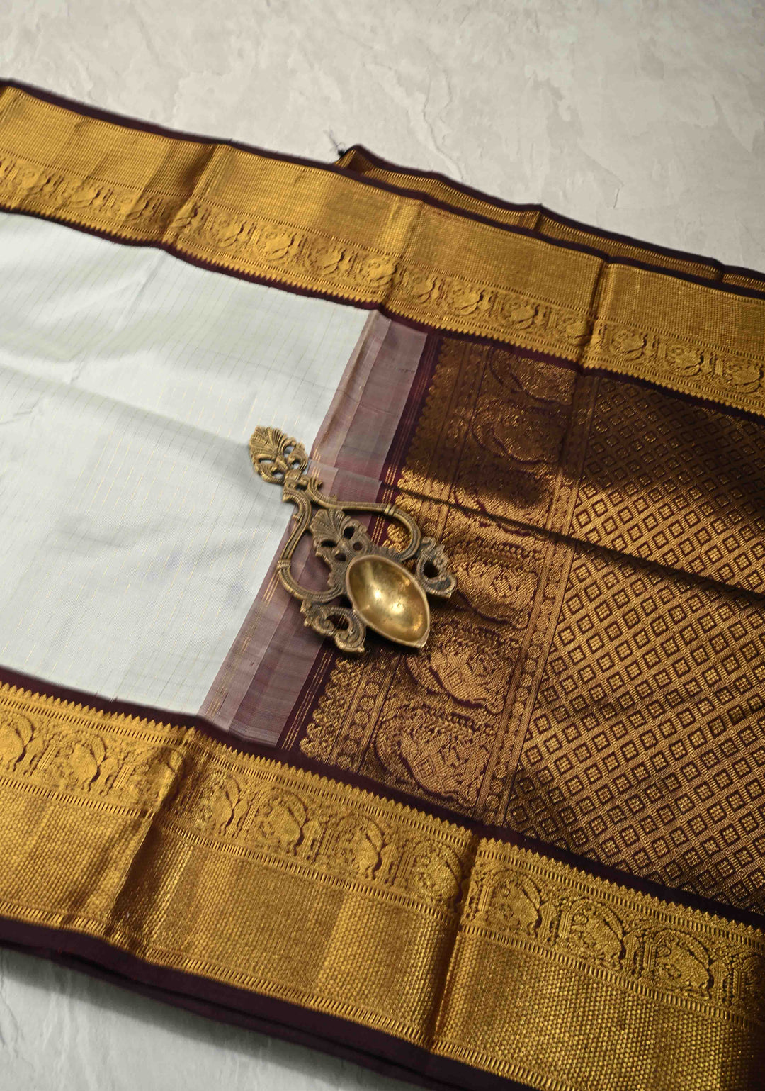 Ash Gray  Korvai Kanjivaram Pure Silk Saree with Zari Stripes and Contrast Zari Border | SILK MARK CERTIFIED