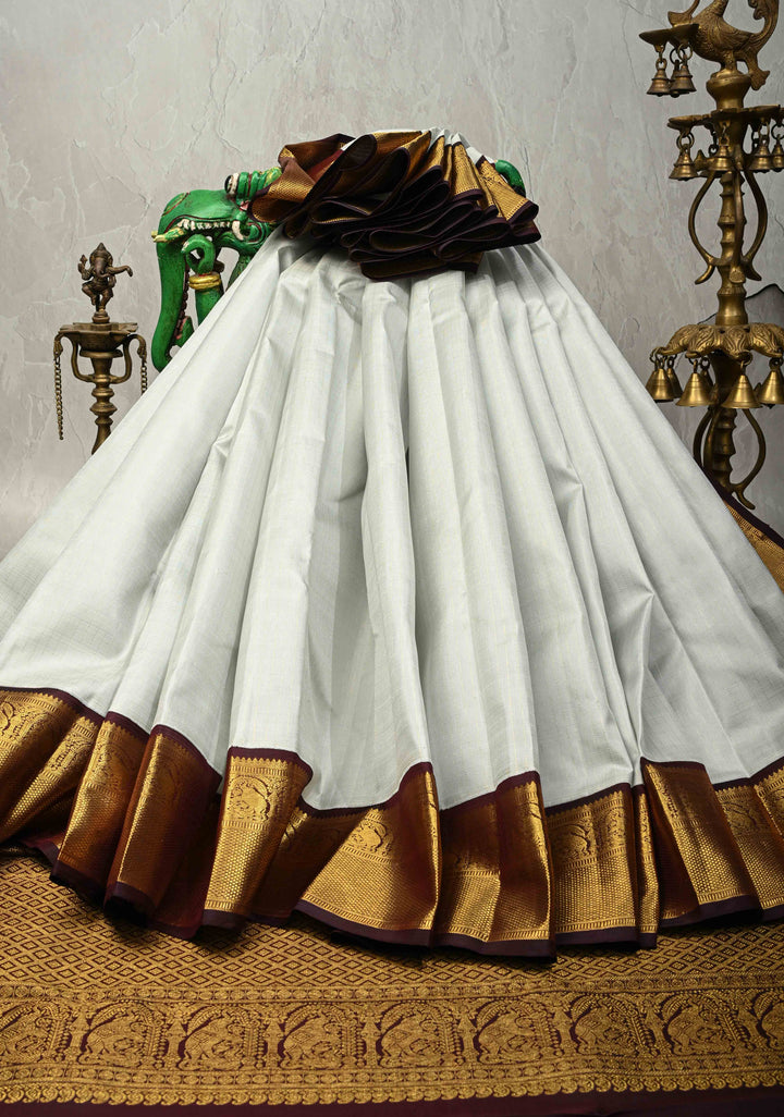 Ash Gray  Korvai Kanjivaram Pure Silk Saree with Zari Stripes and Contrast Zari Border | SILK MARK CERTIFIED