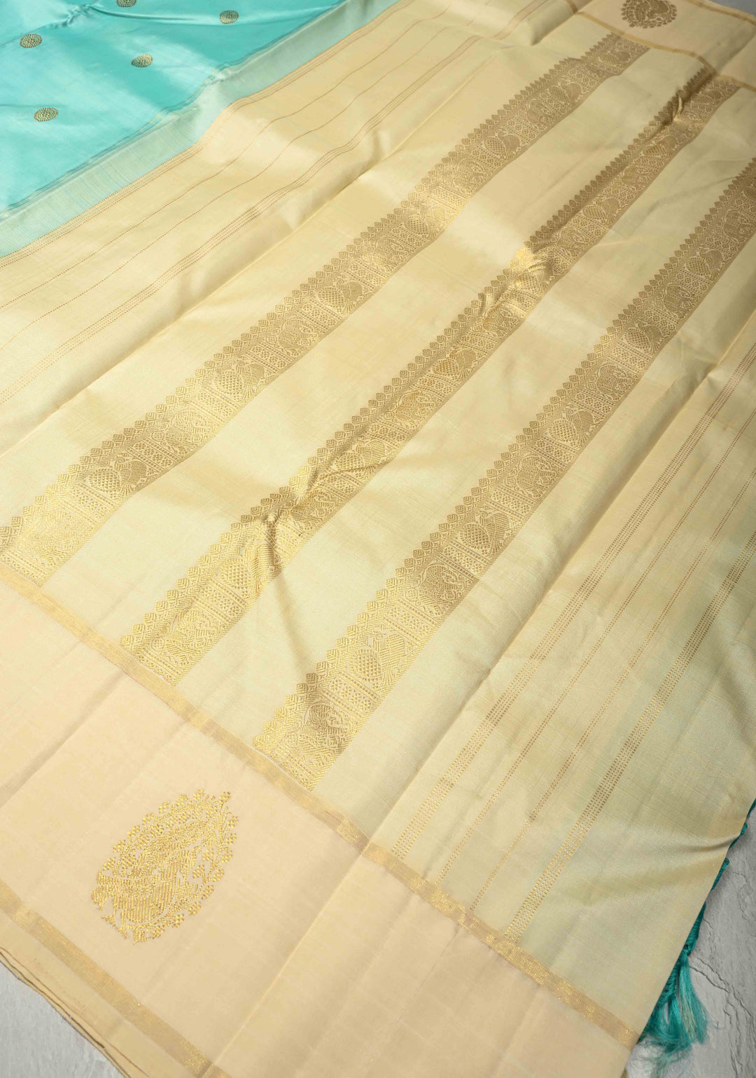 Aqua korvai Pure Kanjivaram Silk Saree with Zari Buttas and Distrinct Motifs on Border | SILK MARK CERTIFIED