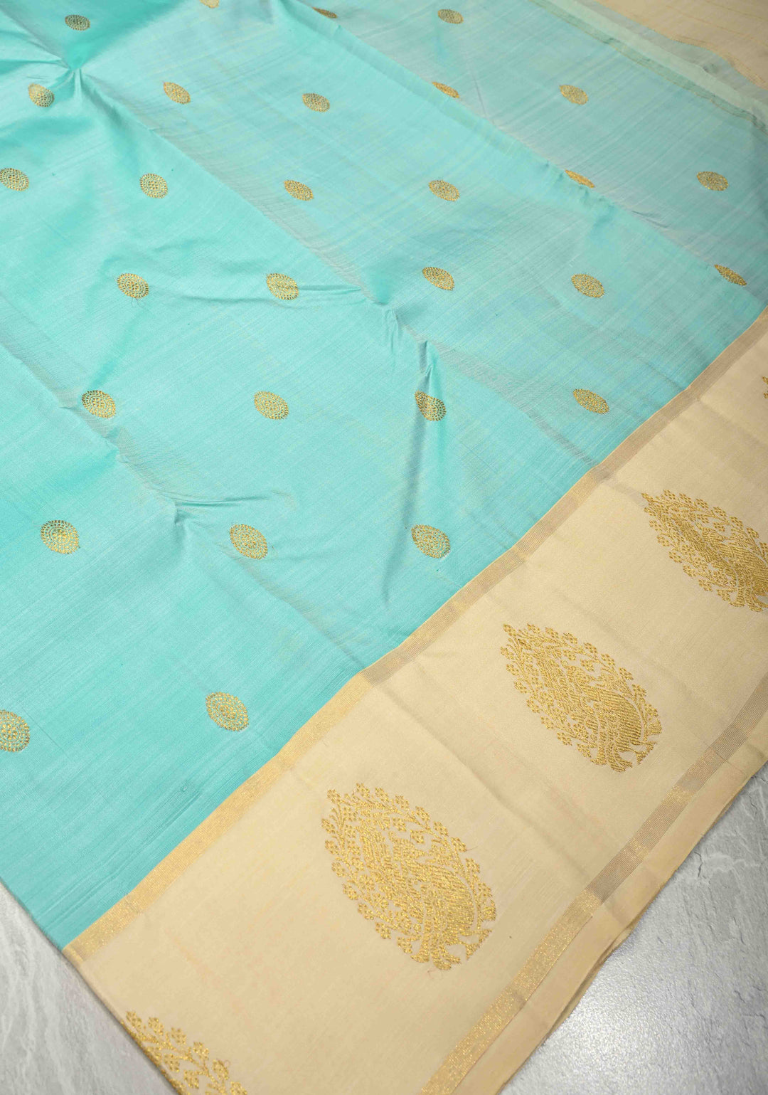 Aqua korvai Pure Kanjivaram Silk Saree with Zari Buttas and Distrinct Motifs on Border | SILK MARK CERTIFIED
