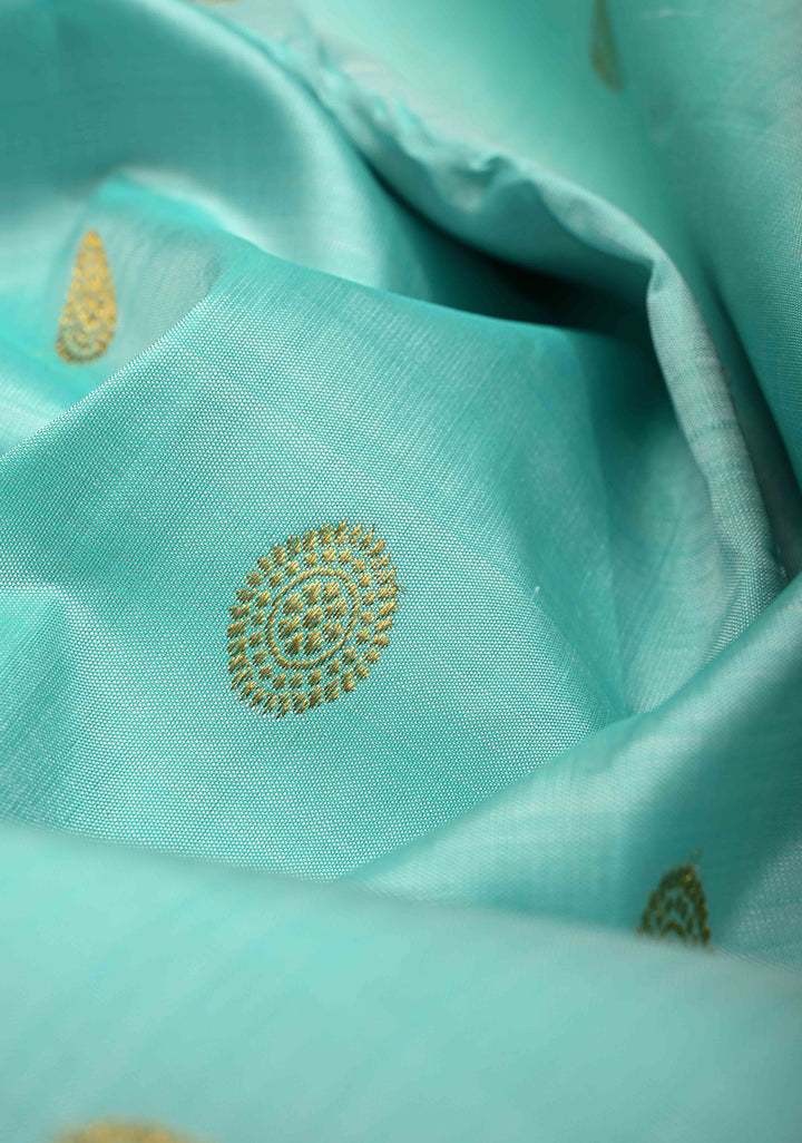 Aqua korvai Pure Kanjivaram Silk Saree with Zari Buttas and Distrinct Motifs on Border | SILK MARK CERTIFIED