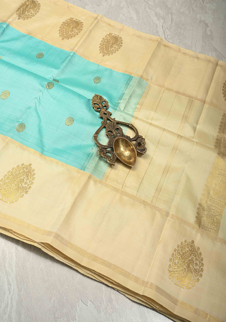 Aqua korvai Pure Kanjivaram Silk Saree with Zari Buttas and Distrinct Motifs on Border | SILK MARK CERTIFIED