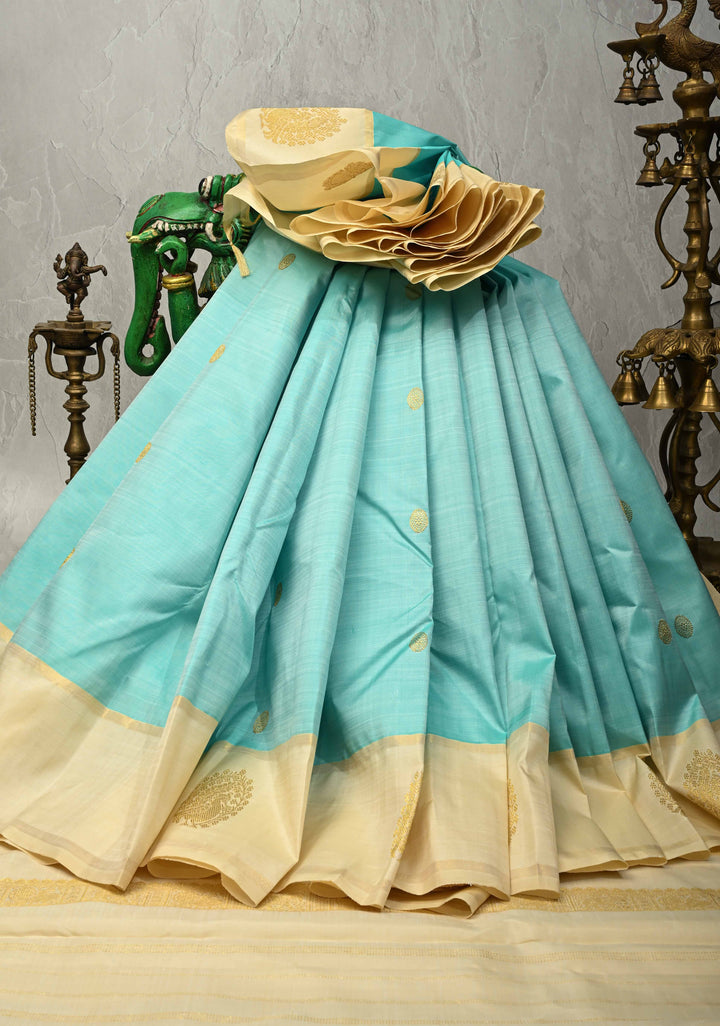 Aqua korvai Pure Kanjivaram Silk Saree with Zari Buttas and Distrinct Motifs on Border | SILK MARK CERTIFIED