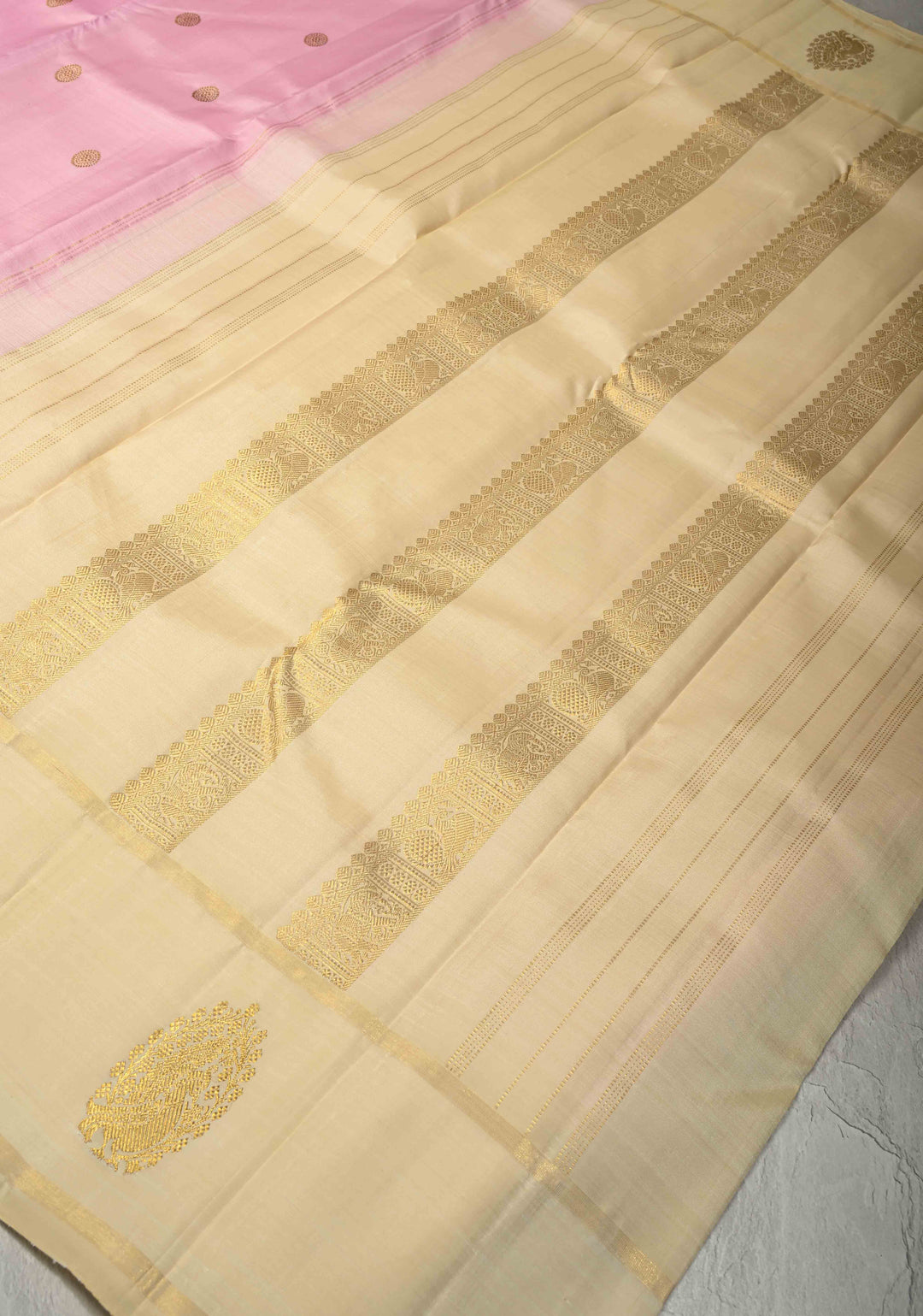 Korvai Weave Pink Kanjivaram Pure Silk Saree with Zari Buttas and Contrast Zari Peacock Motifs on Border | SILK MARK CERTIFIED