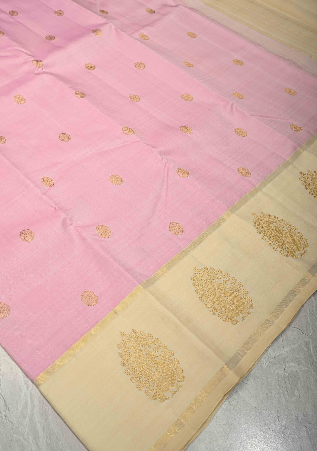 Korvai Weave Pink Kanjivaram Pure Silk Saree with Zari Buttas and Contrast Zari Peacock Motifs on Border | SILK MARK CERTIFIED