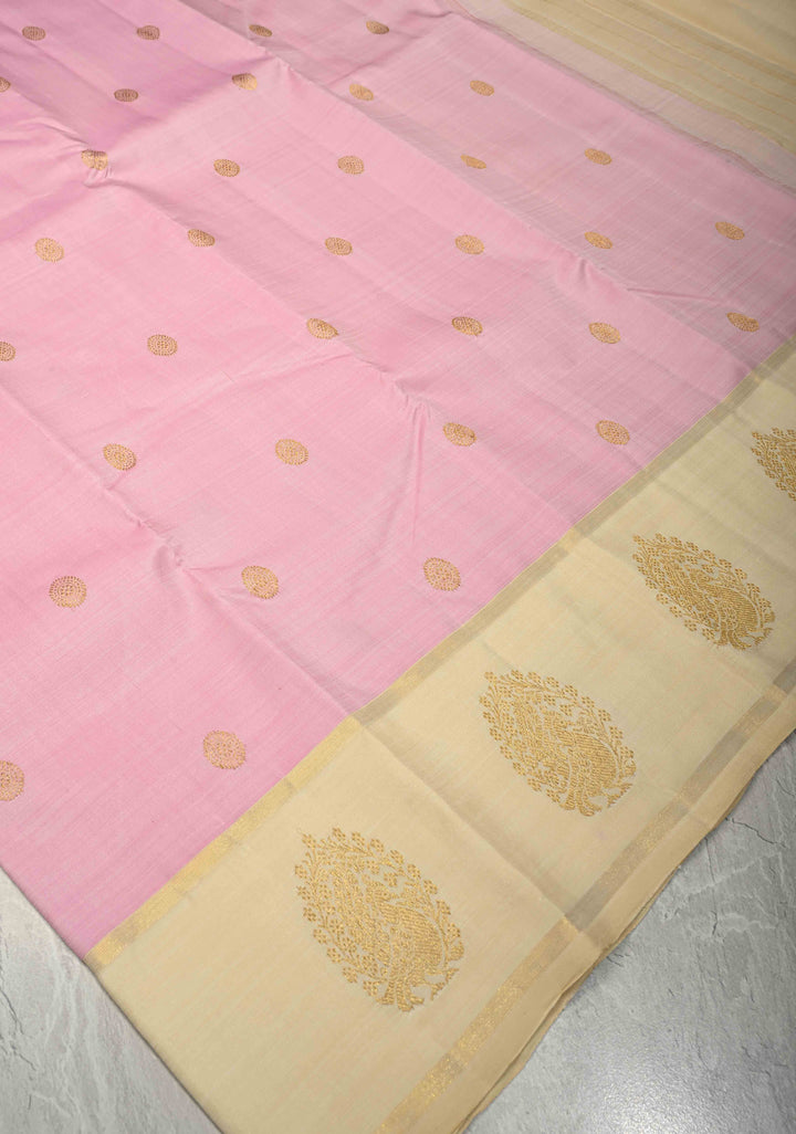 Korvai Weave Pink Kanjivaram Pure Silk Saree with Zari Buttas and Contrast Zari Peacock Motifs on Border | SILK MARK CERTIFIED