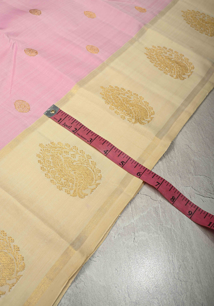 Korvai Weave Pink Kanjivaram Pure Silk Saree with Zari Buttas and Contrast Zari Peacock Motifs on Border | SILK MARK CERTIFIED
