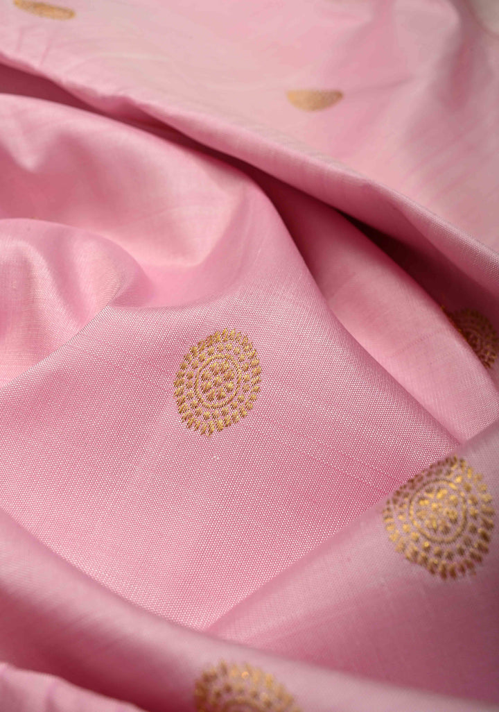Korvai Weave Pink Kanjivaram Pure Silk Saree with Zari Buttas and Contrast Zari Peacock Motifs on Border | SILK MARK CERTIFIED