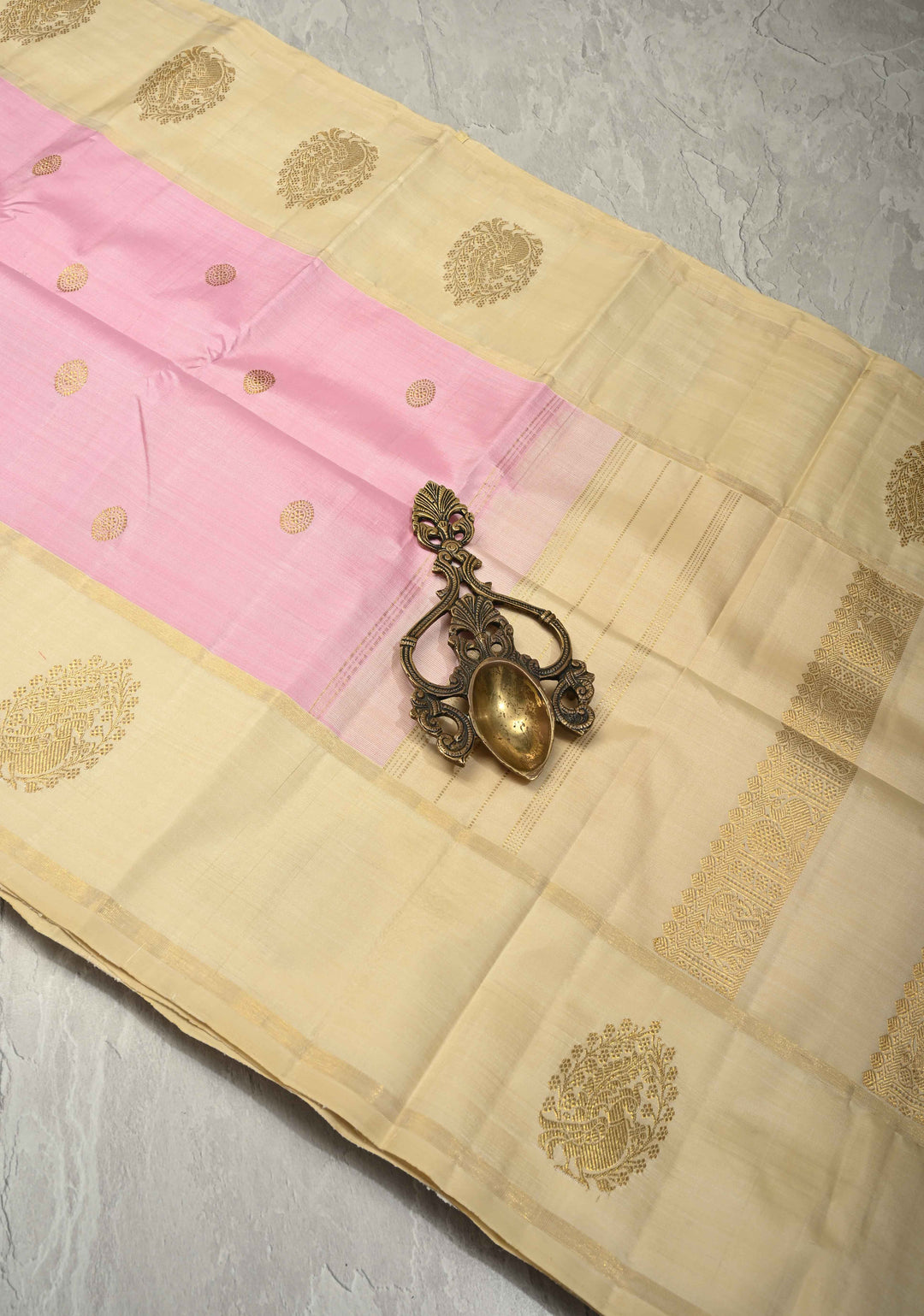 Korvai Weave Pink Kanjivaram Pure Silk Saree with Zari Buttas and Contrast Zari Peacock Motifs on Border | SILK MARK CERTIFIED