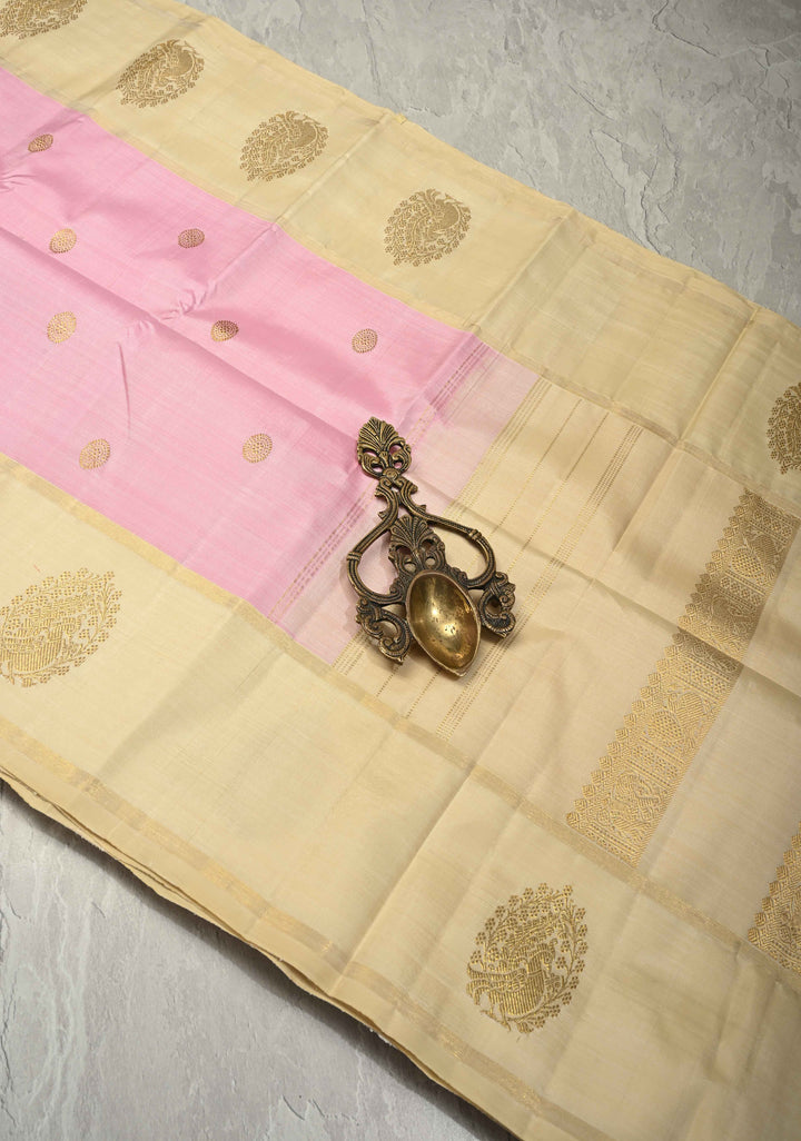 Korvai Weave Pink Kanjivaram Pure Silk Saree with Zari Buttas and Contrast Zari Peacock Motifs on Border | SILK MARK CERTIFIED