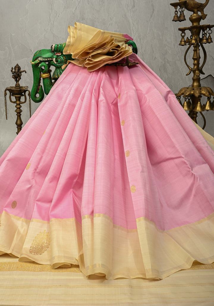 Korvai Weave Pink Kanjivaram Pure Silk Saree with Zari Buttas and Contrast Zari Peacock Motifs on Border | SILK MARK CERTIFIED