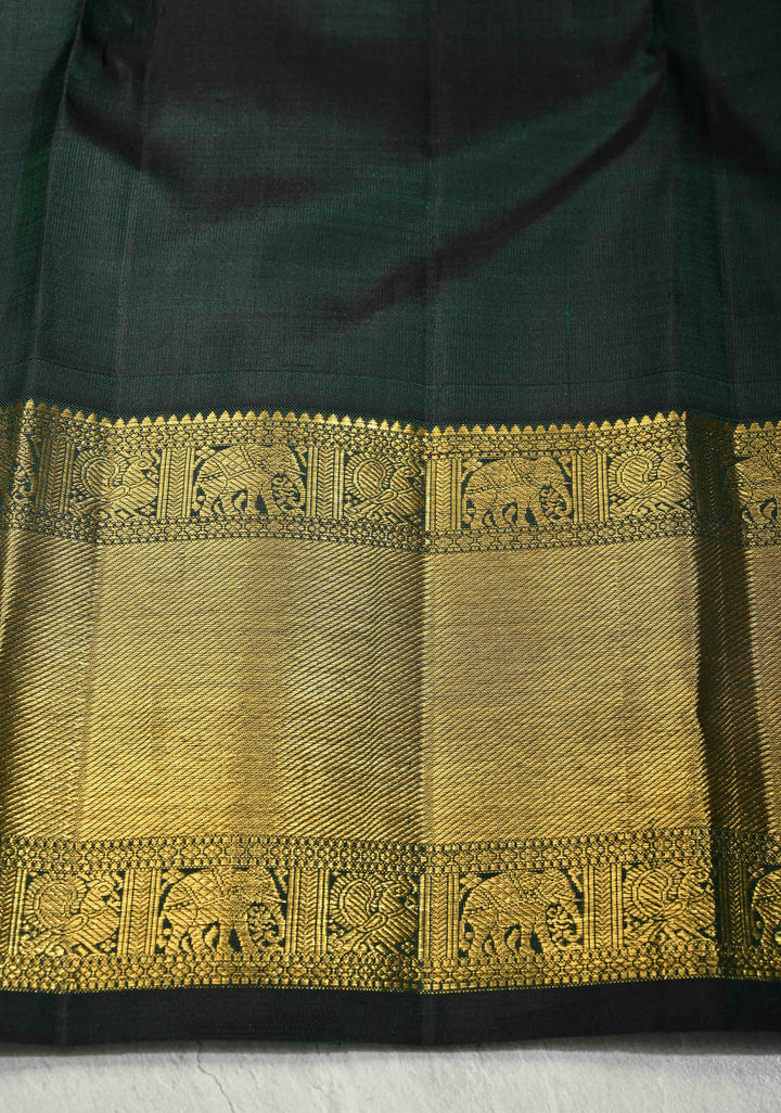 Dark Green Dual Tone Pure Kanjivaram Silk Saree with Peacock Buttas and Zari Borders| SILK MARK CERTIFIED
