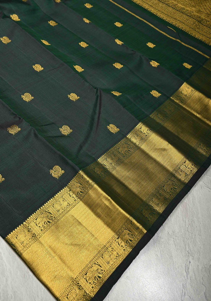 Dark Green Dual Tone Pure Kanjivaram Silk Saree with Peacock Buttas and Zari Borders| SILK MARK CERTIFIED