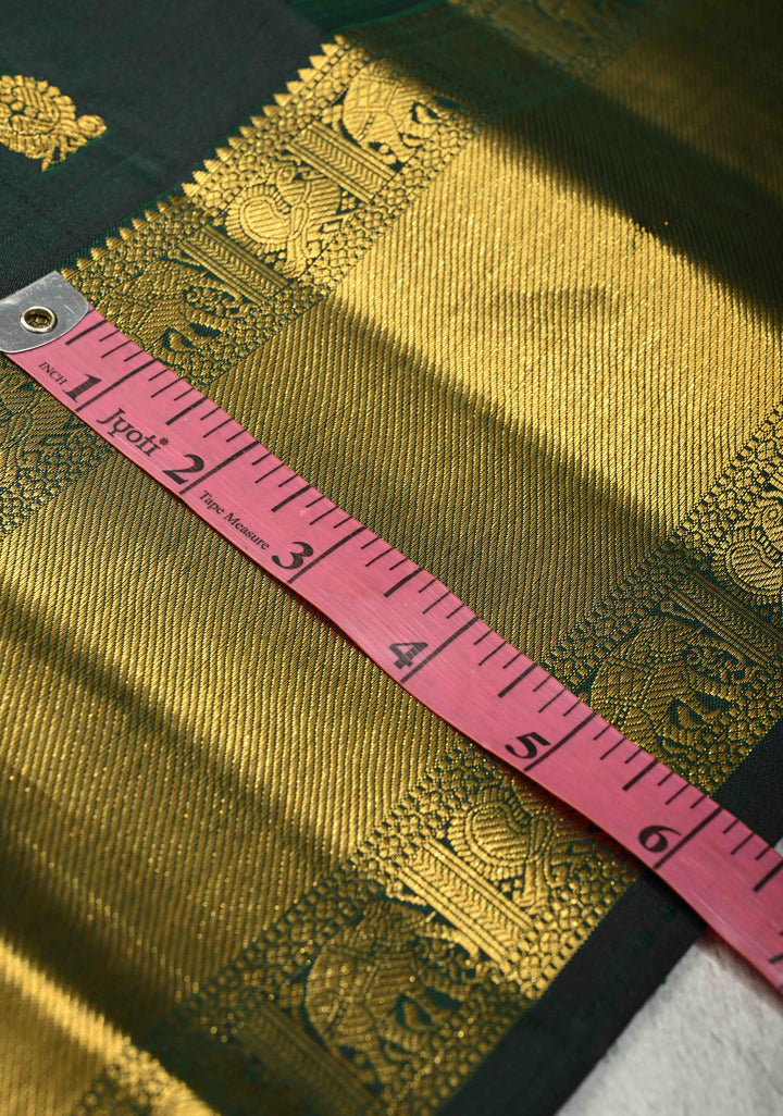 Dark Green Dual Tone Pure Kanjivaram Silk Saree with Peacock Buttas and Zari Borders| SILK MARK CERTIFIED
