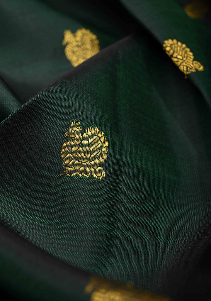 Dark Green Dual Tone Pure Kanjivaram Silk Saree with Peacock Buttas and Zari Borders| SILK MARK CERTIFIED