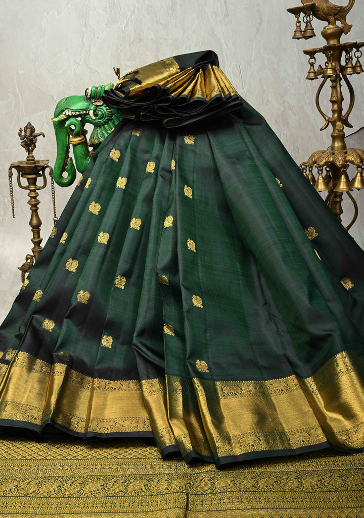 Dark Green Dual Tone Pure Kanjivaram Silk Saree with Peacock Buttas and Zari Borders| SILK MARK CERTIFIED