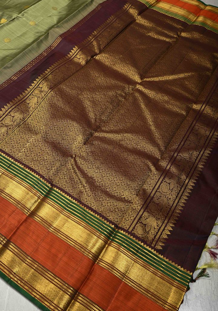 Sage Green Pure Kanjivaram Silk saree with Zari Buttas and Contrast Zari Border| SILK MARK CERTIFIED