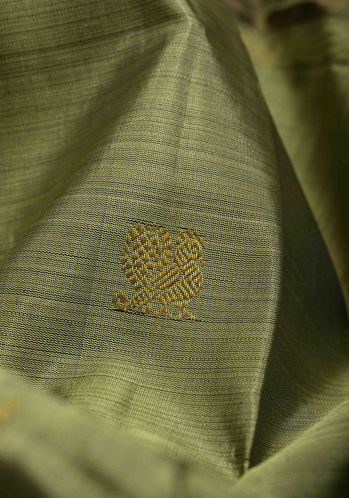 Sage Green Pure Kanjivaram Silk saree with Zari Buttas and Contrast Zari Border| SILK MARK CERTIFIED