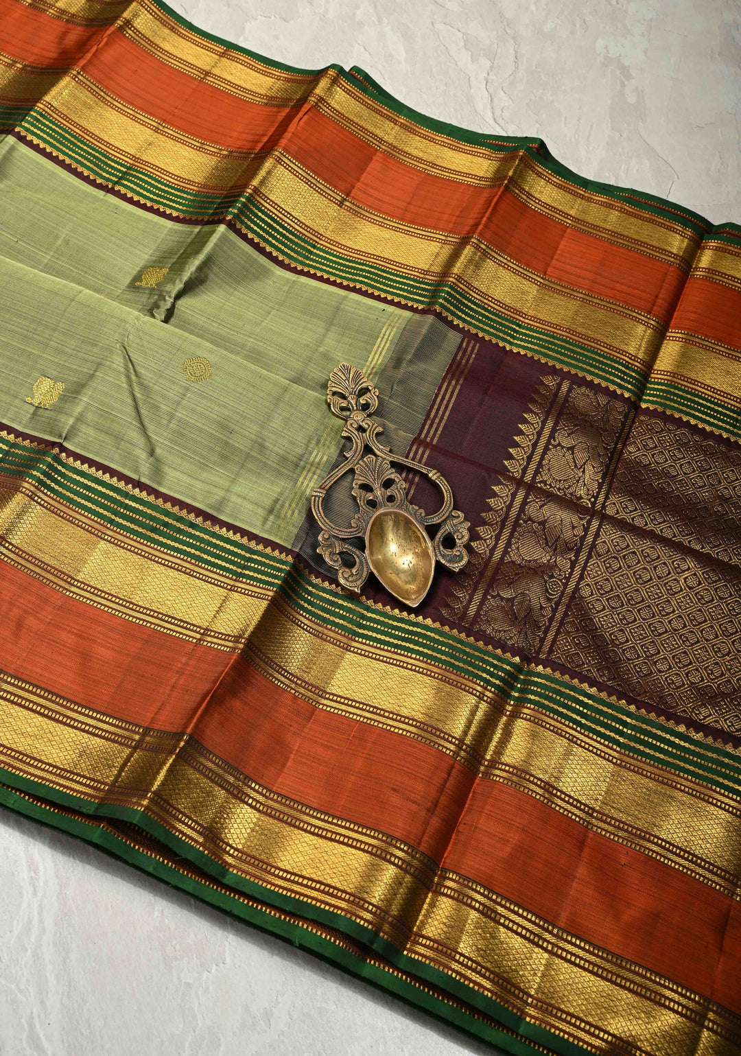 Sage Green Pure Kanjivaram Silk saree with Zari Buttas and Contrast Zari Border| SILK MARK CERTIFIED