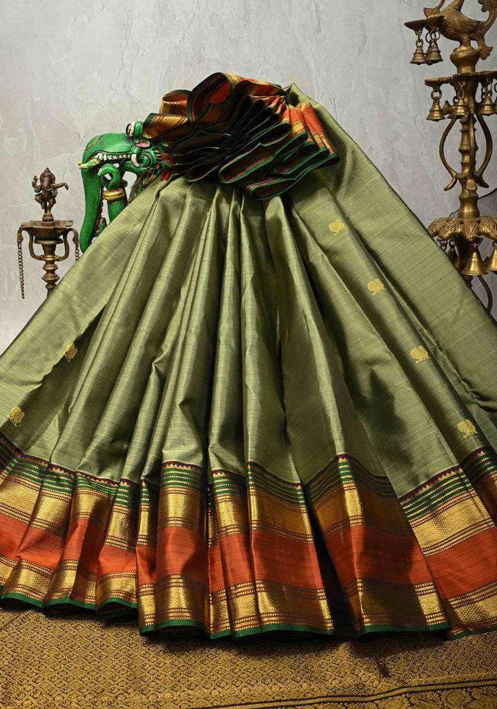 Sage Green Pure Kanjivaram Silk saree with Zari Buttas and Contrast Zari Border| SILK MARK CERTIFIED