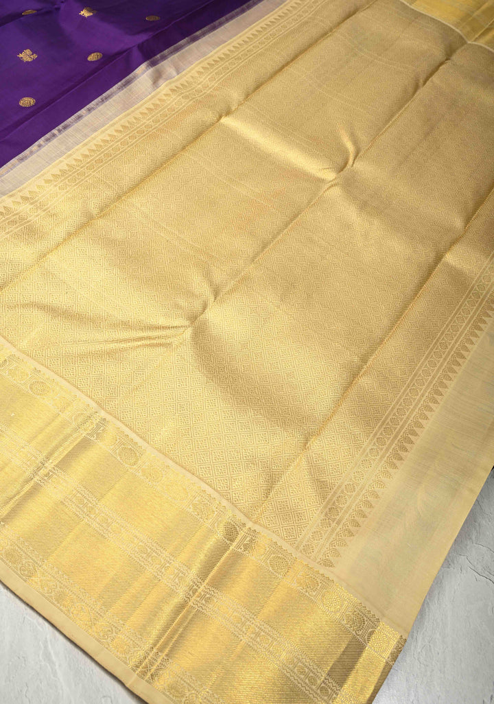 Deep Purple Pure Kanjivaram Silk saree with Zari Buttas and Contrast Korvai Border| SILK MARK CERTIFIED