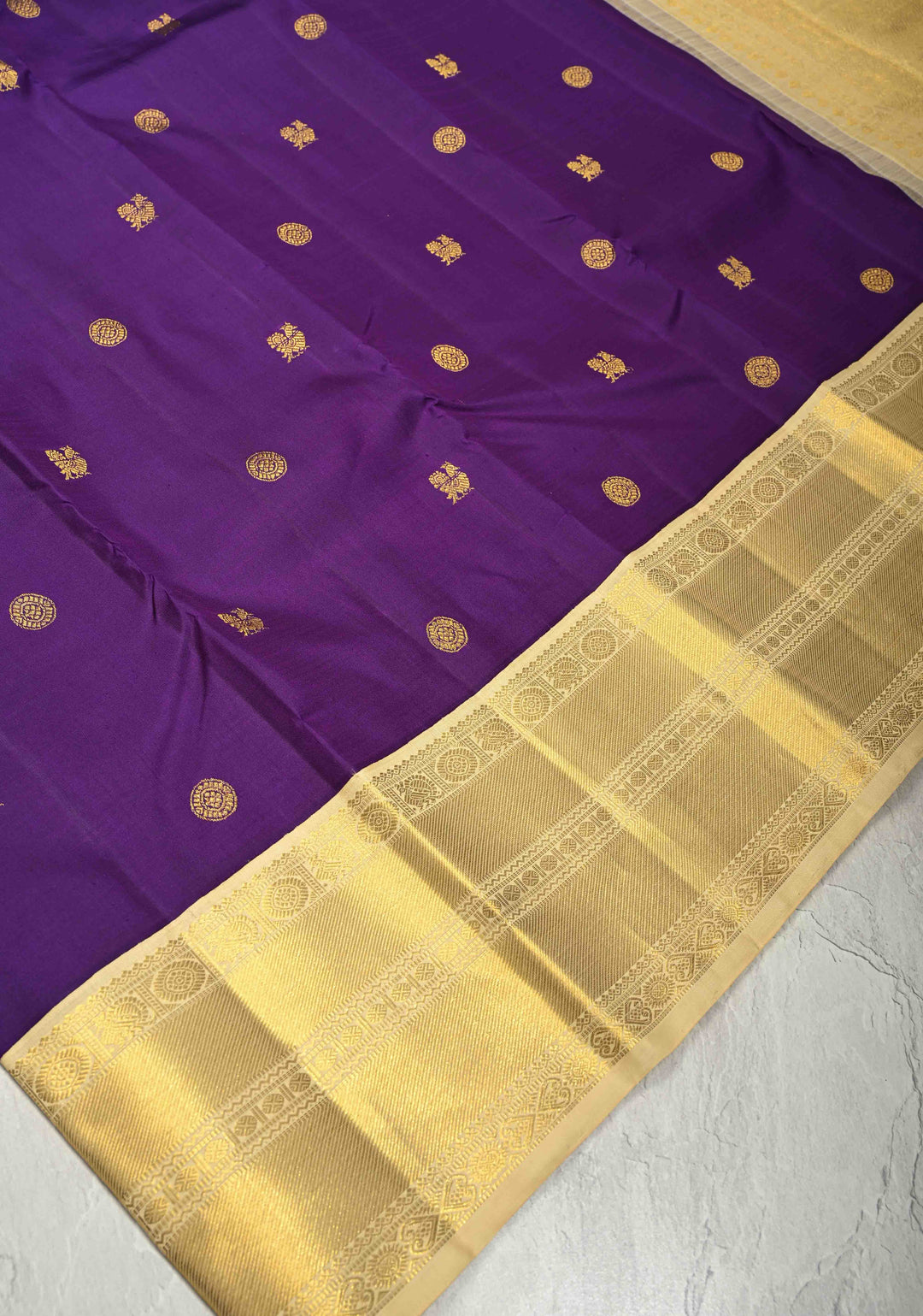 Deep Purple Pure Kanjivaram Silk saree with Zari Buttas and Contrast Korvai Border| SILK MARK CERTIFIED