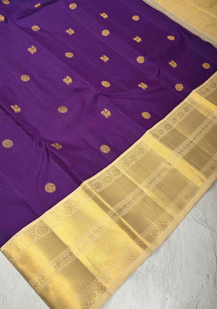 Deep Purple Pure Kanjivaram Silk saree with Zari Buttas and Contrast Korvai Border| SILK MARK CERTIFIED