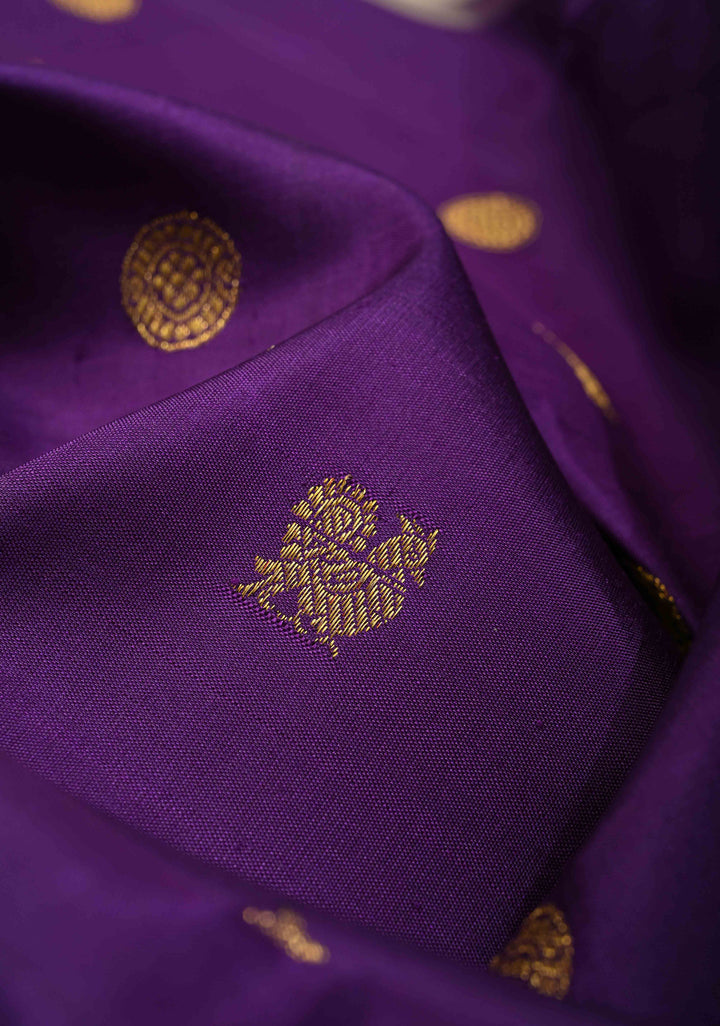 Deep Purple Pure Kanjivaram Silk saree with Zari Buttas and Contrast Korvai Border| SILK MARK CERTIFIED