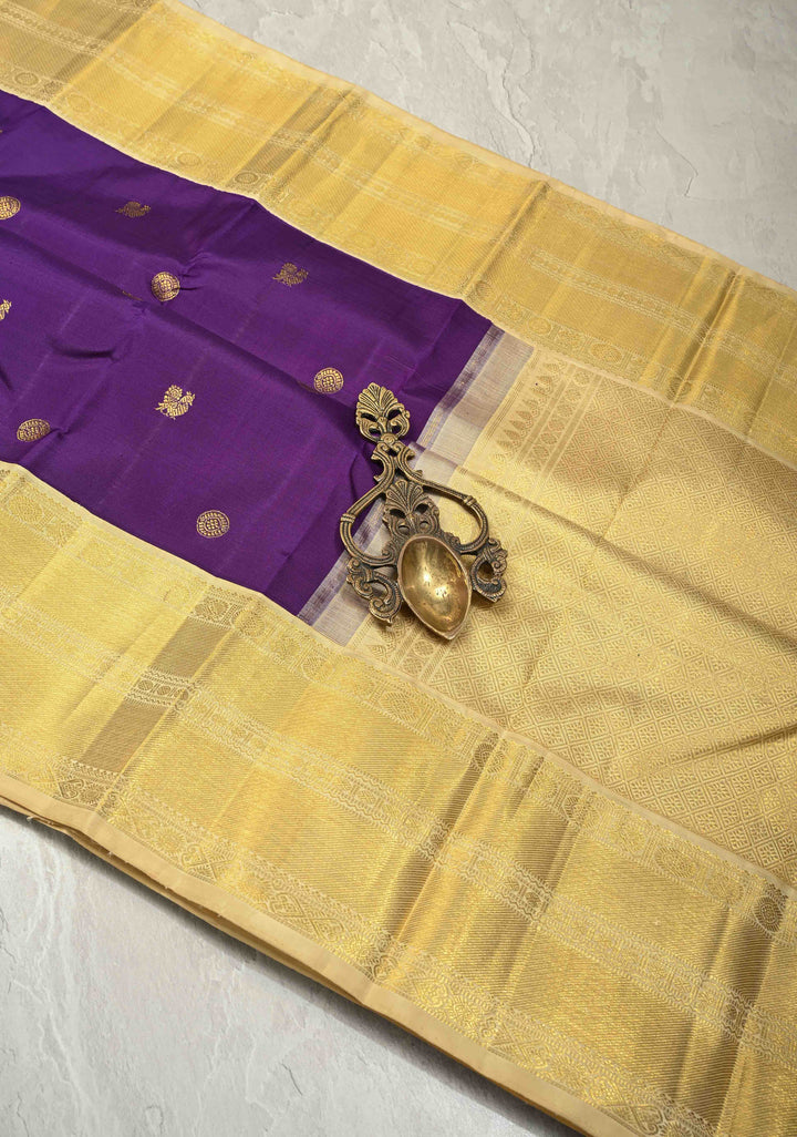 Deep Purple Pure Kanjivaram Silk saree with Zari Buttas and Contrast Korvai Border| SILK MARK CERTIFIED